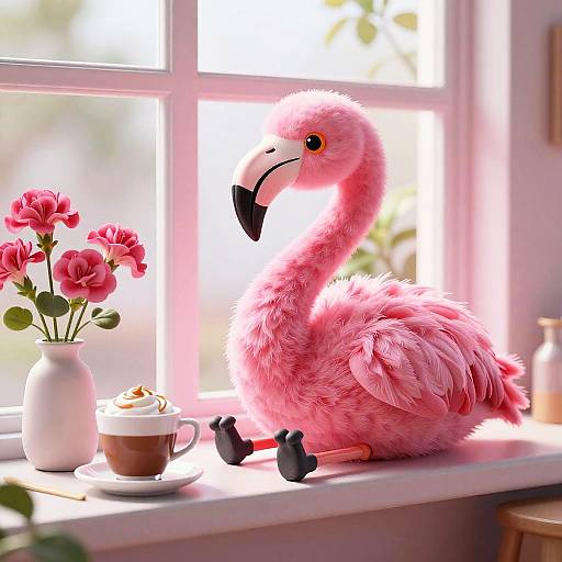 Photograph of a fluffy pink flamingo toy on a sunlit windowsill with pink flowers, a cup of coffee, and black feet. Bright,