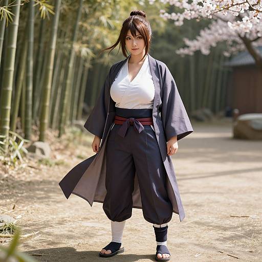 Photograph of a Japanese woman with dark hair in a bun, wearing a black kimono, white top, and black hakama, standing on a