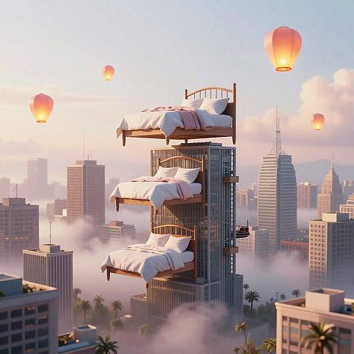 Surreal Cityscape with Towering Beds