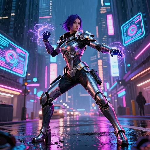 CGI image of a purple-haired woman in futuristic, silver armor, wielding purple energy bolts in a neon-lit, rainy city street.