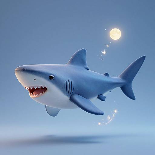 Digital illustration of a cartoonish blue shark with a smiling mouth, black stripes, and a glowing sun in a clear blue sky. Sparkles trail from
