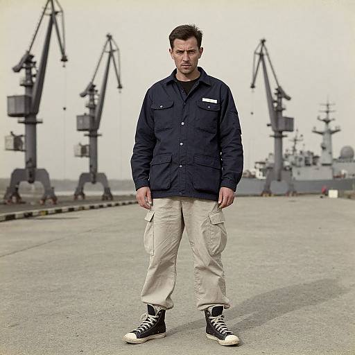 Photograph of a serious man in a dark navy jacket, beige cargo pants, and black sneakers, standing on a dock with industrial cranes and ships