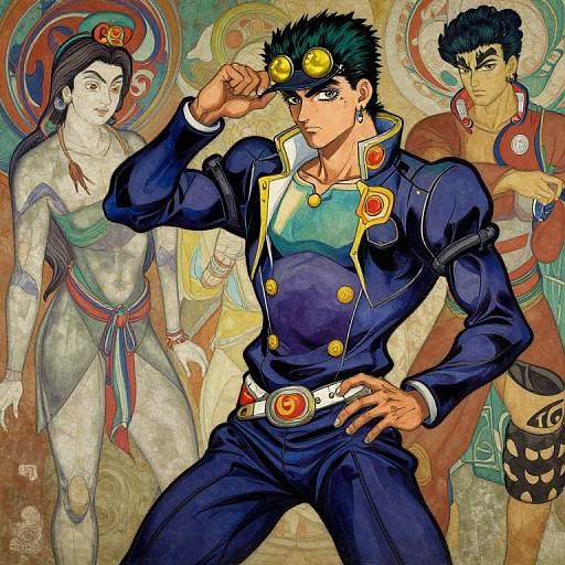 Digital artwork of JoJo's Bizarre Adventure's Jotaro Kujo, adjusting goggles, surrounded by stylized, traditional Asian deities in vibrant