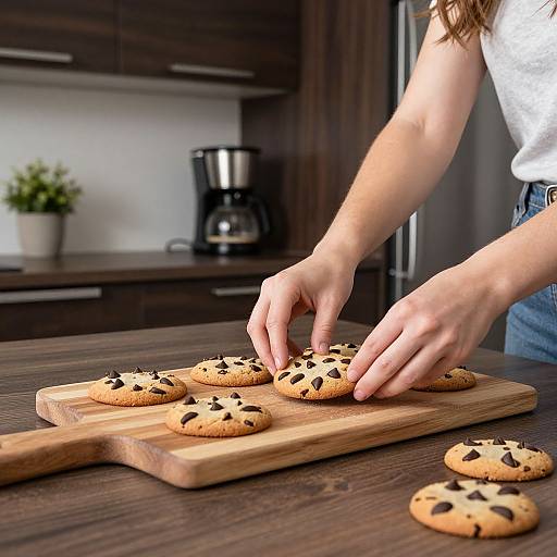 Photograph of a woman's hands placing chocolate chip cookies on a wooden board in a modern kitchen with dark cabinets.