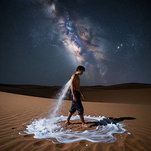 Photograph of shirtless man in black shorts standing in desert, water splashing around feet, with Milky Way galaxy above.