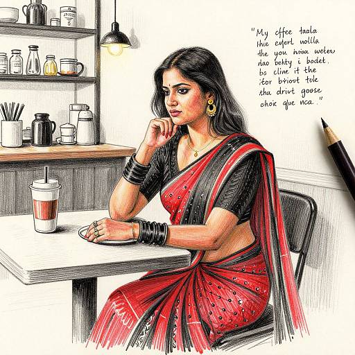 Colorful digital illustration of an Indian woman in a red and black sari, sitting pensively at a café table, surrounded by cups and jars.