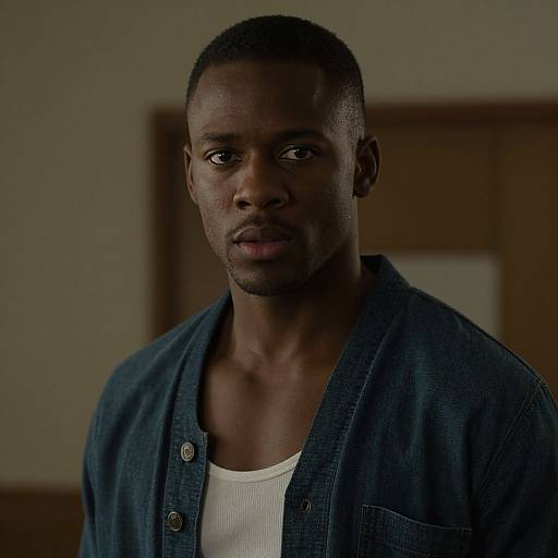 Photograph of a serious, muscular Black man with short hair, wearing a dark blue button-up shirt over a white tank top, standing in a dim