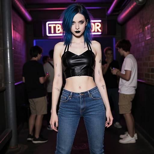 Photograph of a pale-skinned, blue-haired woman with black lipstick, tattoos, black leather crop top, and blue jeans, standing in a dim