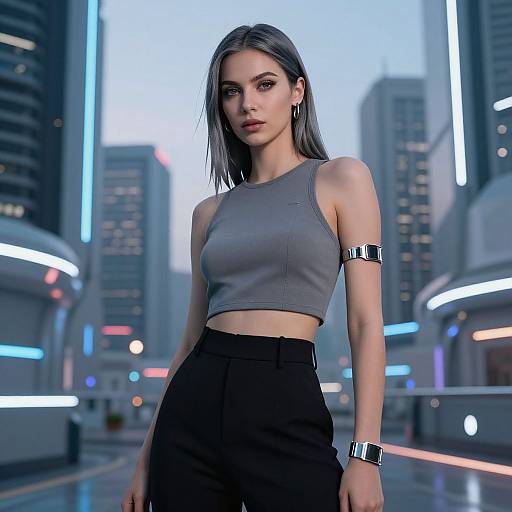 CGI image of a sleek, modern woman with gray crop top, black skirt, silver arm and wrist bands, standing in a neon-lit urban