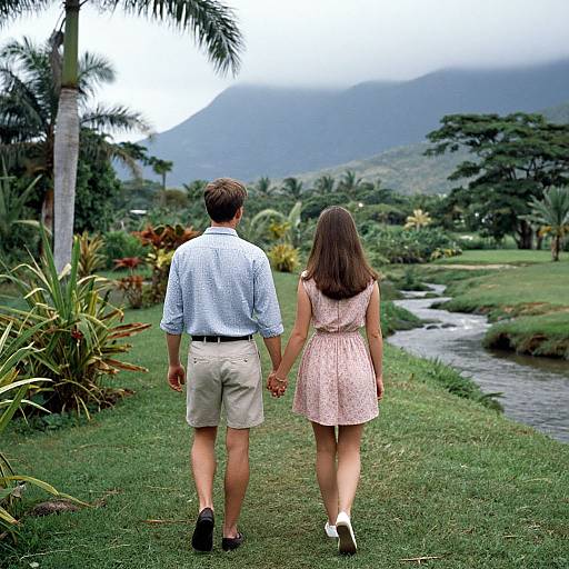 Photograph of a couple holding hands, walking away on a lush, tropical path with a river, palm trees, and misty mountains in the background