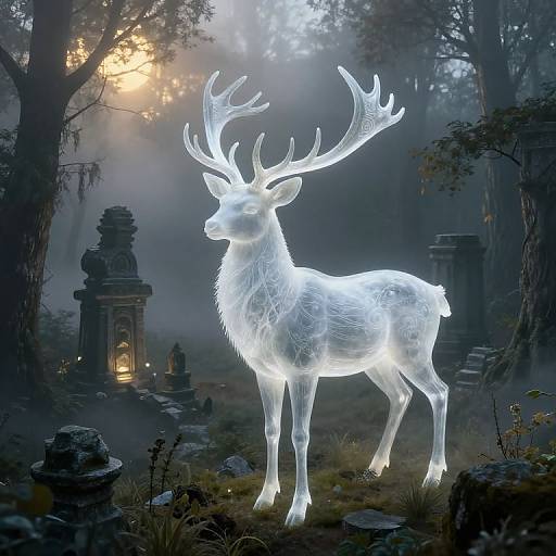 Photorealistic CGI of a glowing, ethereal white stag with large antlers standing in a misty, moonlit forest among ancient stone lanterns