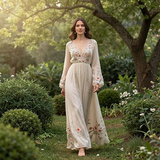 Photograph of a woman with wavy brown hair, wearing a white floral dress with lace sleeves, walking barefoot in a sunlit garden.