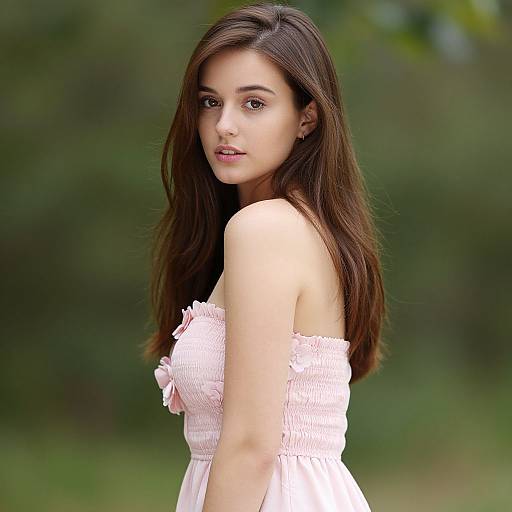 Photograph of a young woman with long brown hair, wearing a strapless pink dress, looking over her shoulder against a green, blurred outdoor background.
