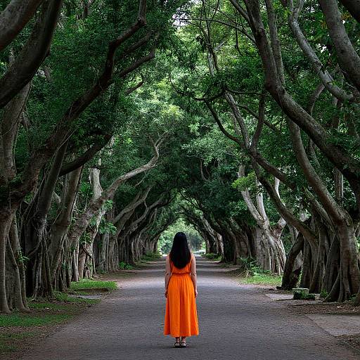 Photograph of a woman with long black hair in a bright orange dress standing in the center of a tree-lined, arching pathway.