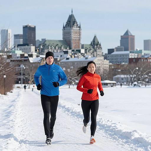 Photograph of a man and woman jogging in snowy urban park, wearing blue and red jackets, black pants, and gloves, with a city skyline and