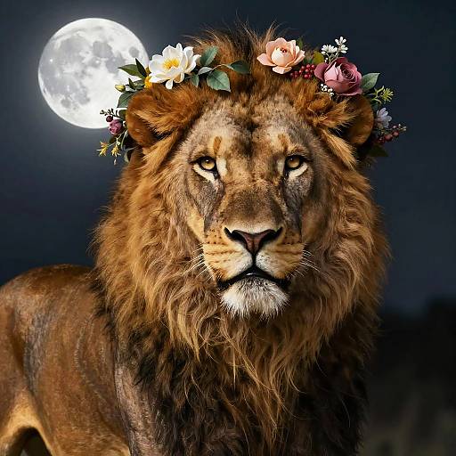 Photograph of a majestic lion with a floral crown, staring intently under a full moon in a dark night sky.