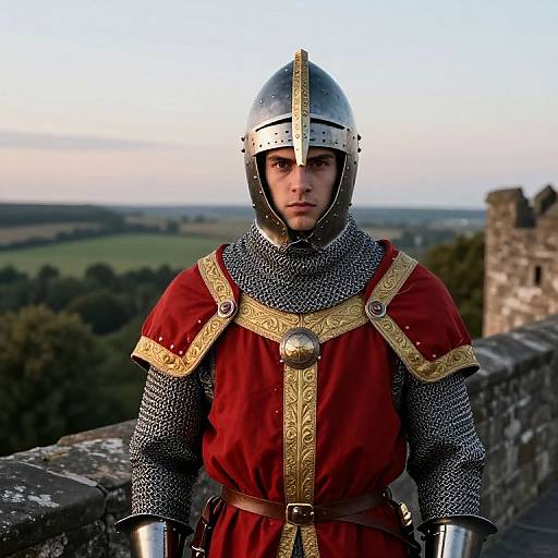 Photograph of a young man in medieval knight armor with a silver helmet, red tunic, and gold trim, standing on a stone wall overlooking a