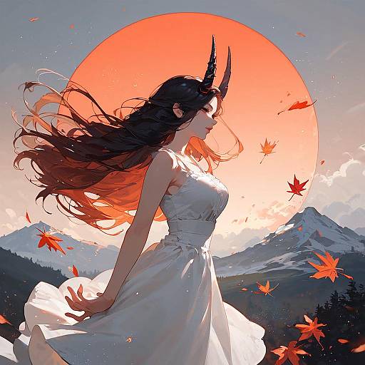 Elegant Woman with Moonlit Mountains