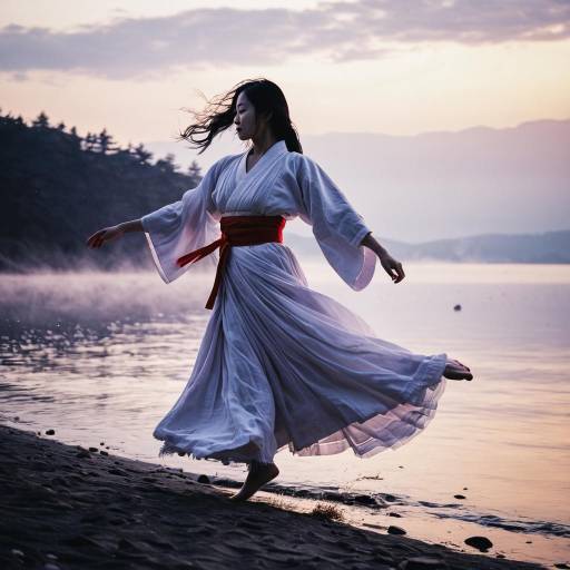 Japanese Butoh Dancer by Misty Lake at Sunrise