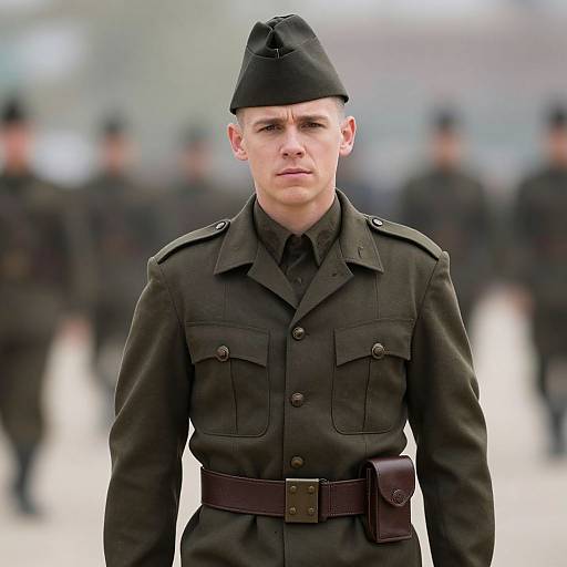 Photograph of a stern-faced, young white male soldier with fair skin, wearing a black military uniform and hat, standing in front of blurred, similarly