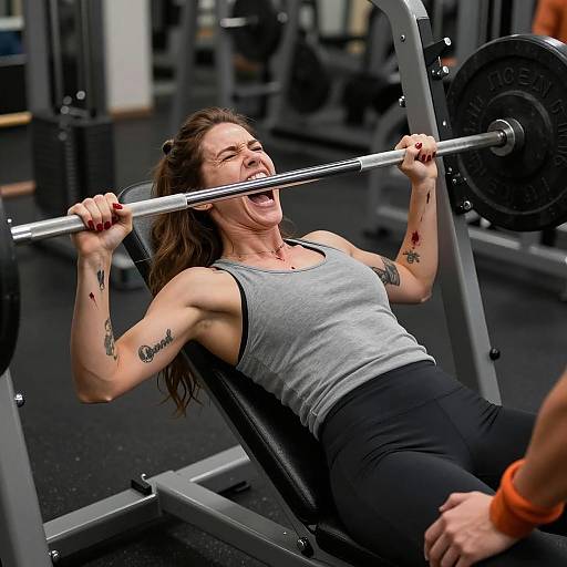 Woman Struggling with Weightlifting on Bench Press