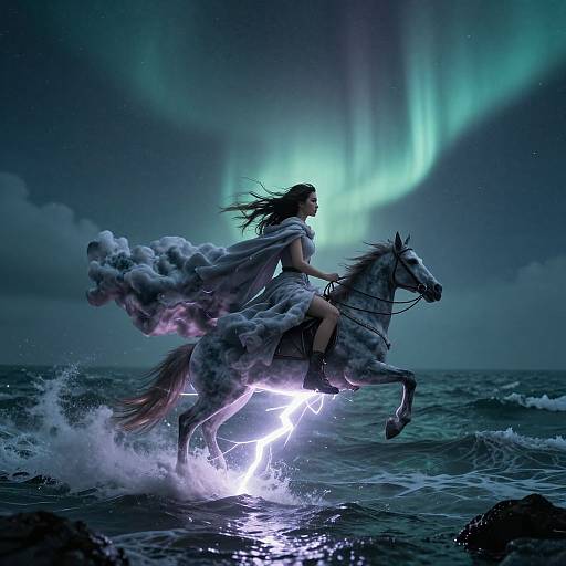 Digital art: A dark-haired woman in flowing white cloak rides a white horse through crashing waves, illuminated by a glowing light under vibrant green auroras in