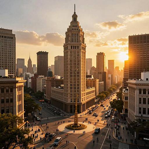 Photograph of a bustling urban sunset with the tall, ornate Torre Latinoamericana tower at city center, surrounded by modern skyscrapers