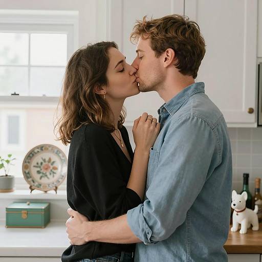 Couple Embracing and Kissing in Kitchen