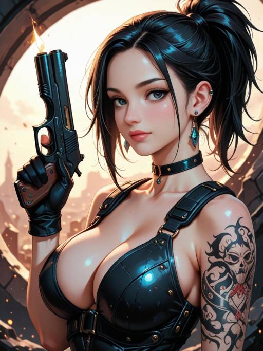 Confident Girl with Handgun and Armor