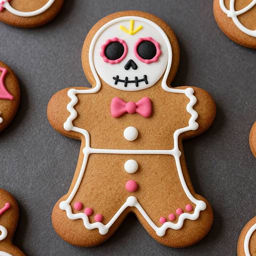Photograph of a decorated sugar cookie shaped like a gingerbread man with white icing, pink bow, skull face, and pink accents on a dark gray
