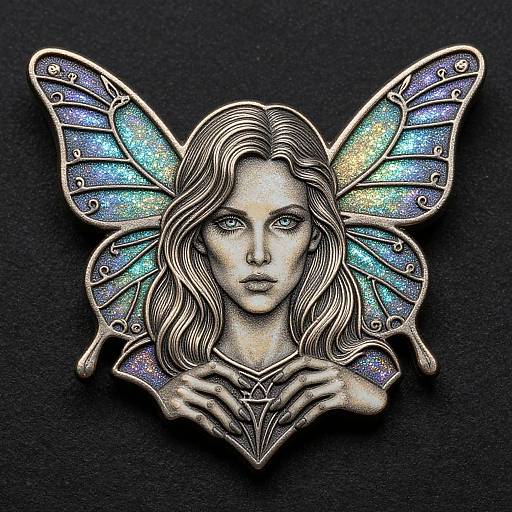 Detailed silver-colored, metallic butterfly brooch featuring a serene, monochromatic woman with wavy hair and large, iridescent wings on a black