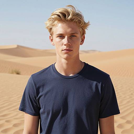 Photograph of a young Caucasian man with blond, tousled hair, wearing a navy blue t-shirt, standing in a bright desert with golden sand d