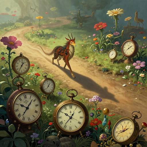 Digital fantasy artwork: A clock-eared, antelope-like creature walks on a sunlit, flower-filled path surrounded by vintage pocket watches, butterflies,