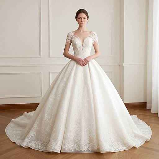 Photograph of a slender, fair-skinned woman with dark hair in an elegant, lace-trimmed, white, V-neck, cap-slee