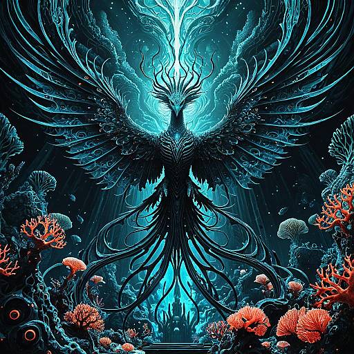 Ethereal Phoenix Above Abyssal Coral Reef