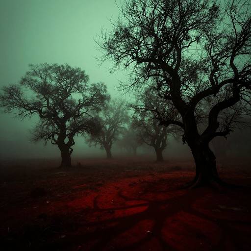 Mysterious, foggy landscape photograph of dark, leafless trees with twisted branches standing in a red-tinted, misty field.