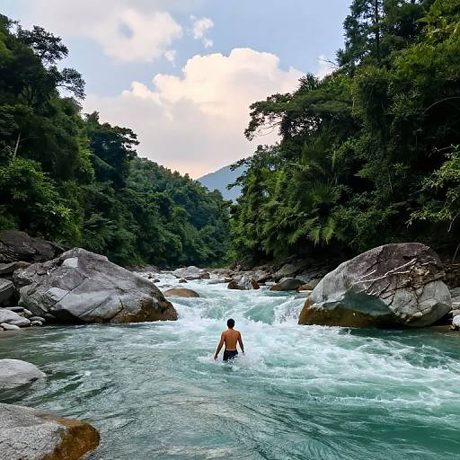 Photograph of a shirtless man with dark skin and short hair standing in a turbulent, rocky river surrounded by dense, green forest under a partly cloudy