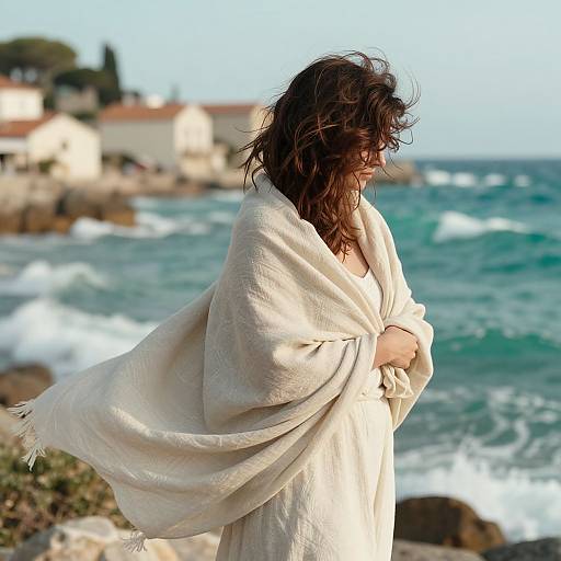 Coastal Woman with Flowing Linen Shawl
