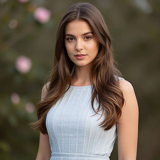 Photograph of a young woman with long, wavy brown hair, wearing a white, textured sleeveless top, standing against a blurred, green,