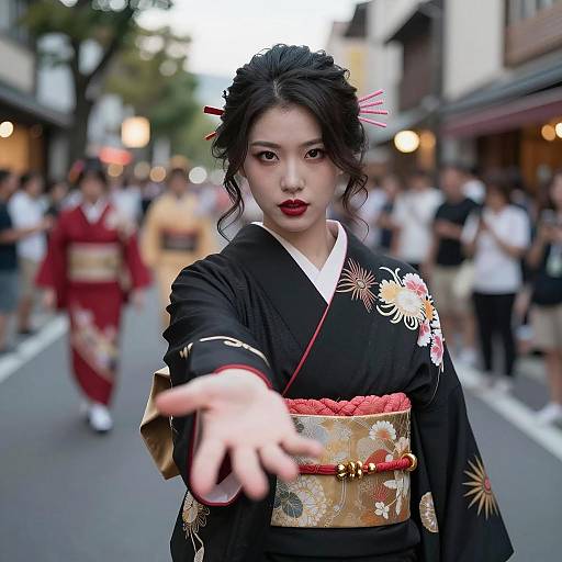 Elegant Asian Woman in Black Kimono