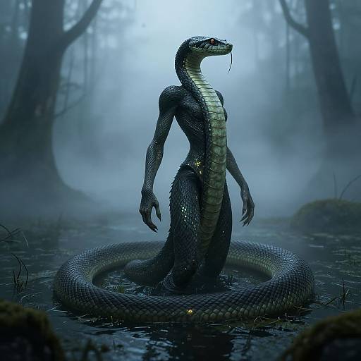 Digital artwork of a dark, muscular, anthropomorphic snake with glowing eyes standing in a misty, forested pond, its long body coiled in
