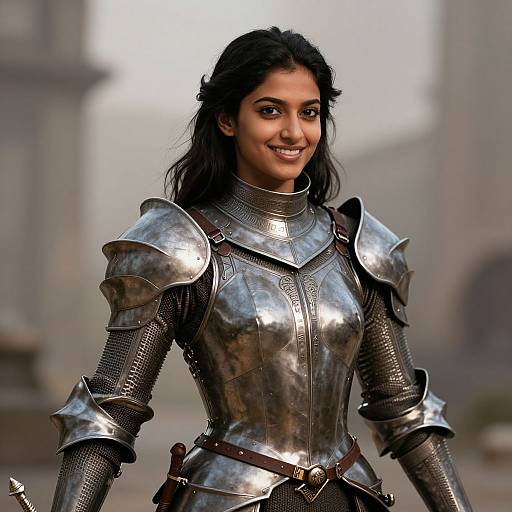 Photorealistic CGI of a smiling South Asian woman with dark hair in shiny silver medieval armor, standing in a blurred, ancient stone courtyard.