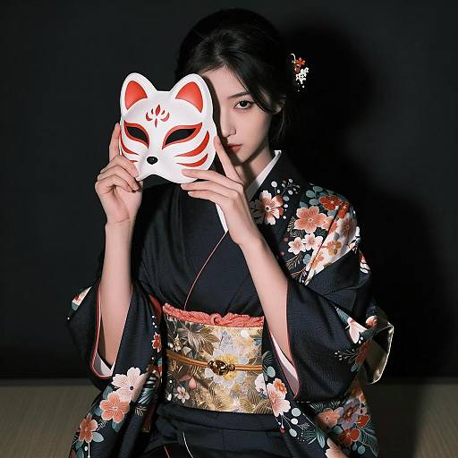 Moody Japanese Woman in Floral Kimono