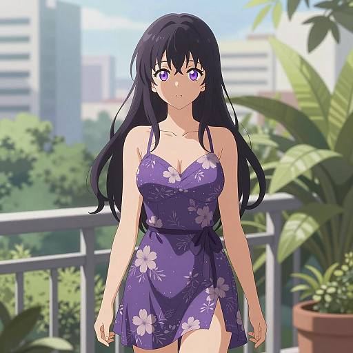 Anime Woman in Purple Floral Dress on Balcony
