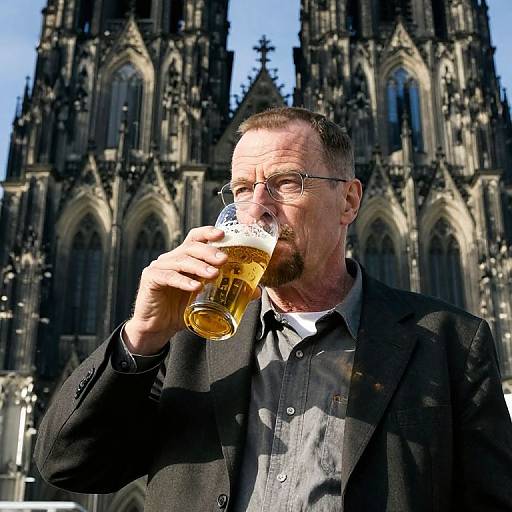 Middle-aged man with glasses and beard, drinking beer in front of a Gothic cathedral, wearing black blazer and gray shirt. Photorealistic photograph.