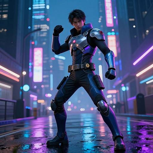 CGI image of a muscular, dark-haired man in futuristic armor, standing confidently in a neon-lit, rainy, cyberpunk city street.