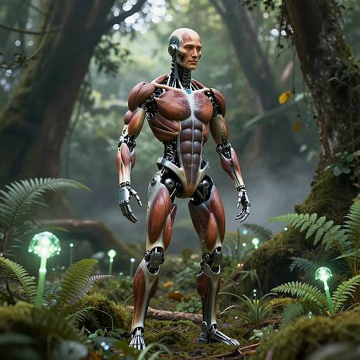 Biomechanical Human in Lush Forest