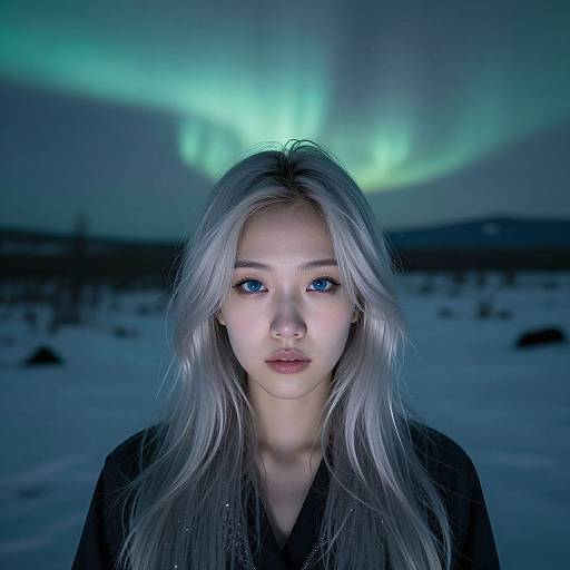 Photograph of a young woman with long, silver blonde hair and blue eyes, standing in a snowy landscape under the Northern Lights.