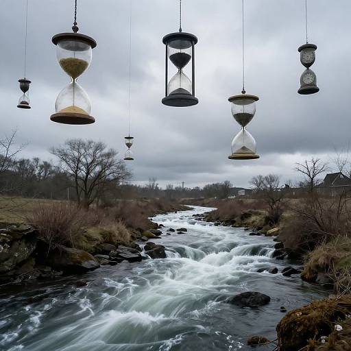 Photograph of a flowing river under overcast sky, with six hanging hourglasses of varying sizes, surrounded by leafless trees and mossy rocks