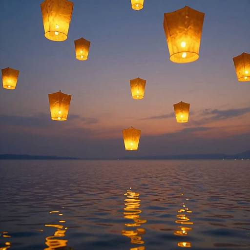 Photograph of glowing orange paper lanterns floating above calm water at dusk, reflecting on the surface, with a gradient sky from purple to pink.
